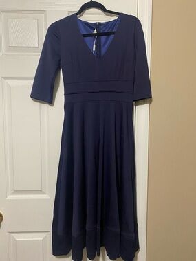 Mavi Navy V-Neck Midi Dress with Elbow Sleeves